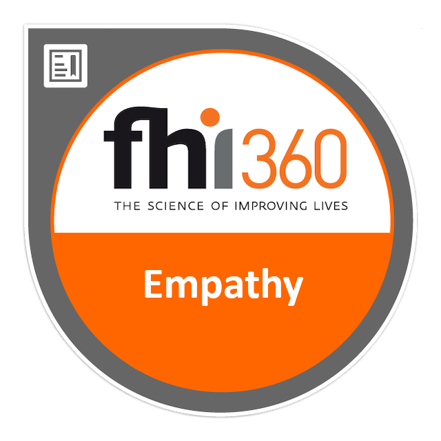 Graphic: Circle top half white with FHI 360 logo, bottom half orange empathy