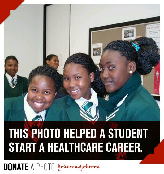 Photo three Black girl students in green uniform. Text: This photo helped a student start a healthcare career. Donate a photo. Johnson & Johnson.