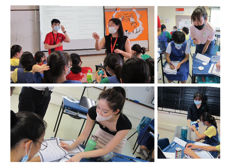 Photo: 4 photo collage, tutors and teacher helping students with class work.